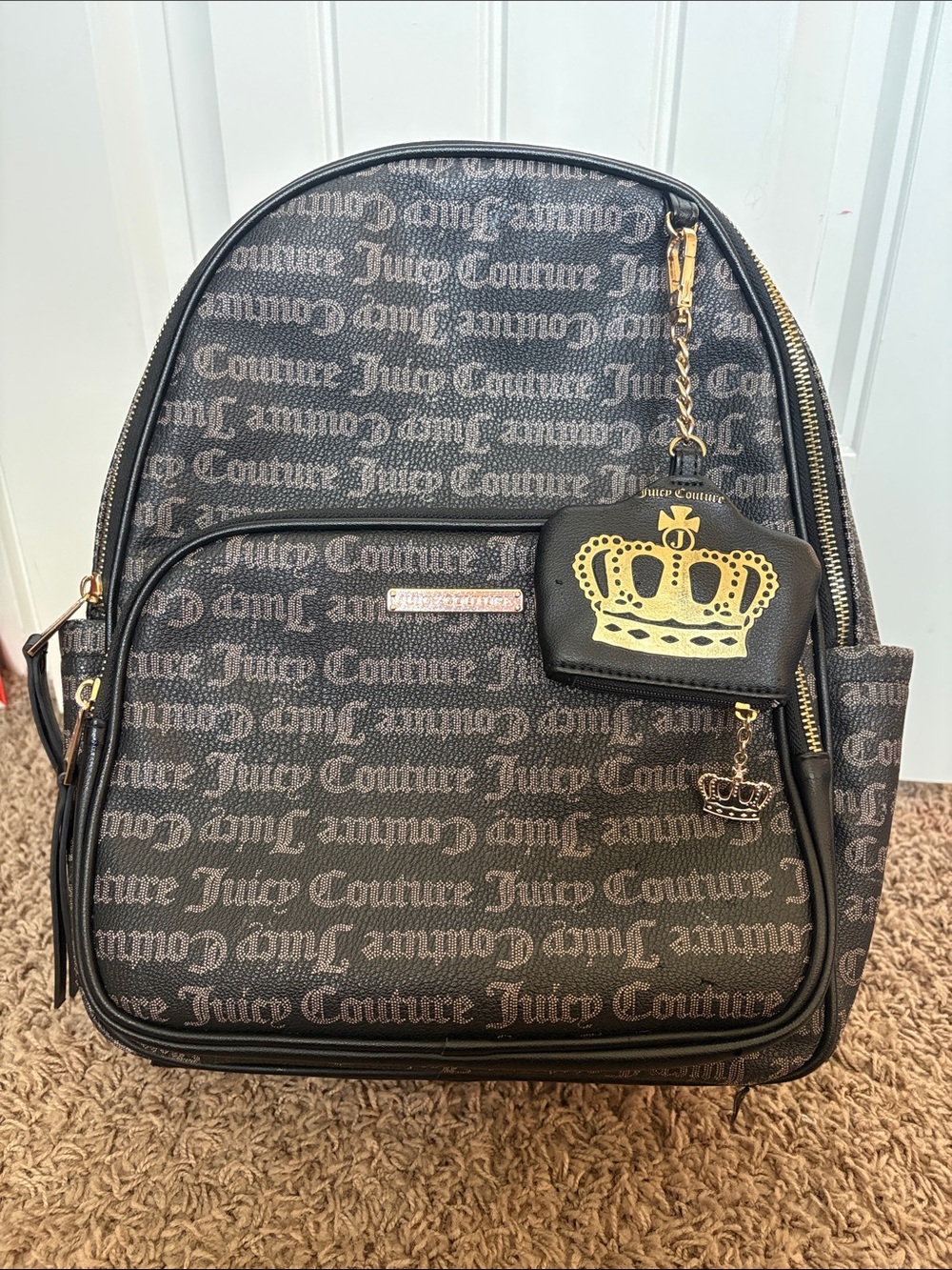 Juicy Couture Black Logo Backpack with Gold Crown Charm Accent